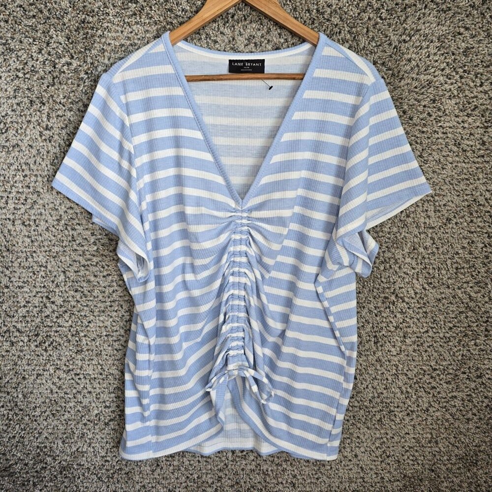 Lane Bryant Top Womens Plus 26/28 Blue Striped Ruched Short Sleeve Casual Ladies